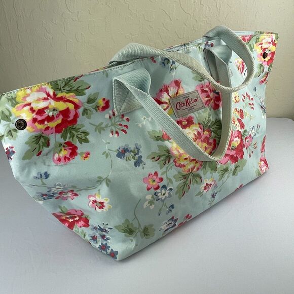 ~ Rare Cath Kidston XL Bag Tote Floral Coated Blue Handles Snap Zip Lined Pocket - Picture 12 of 16